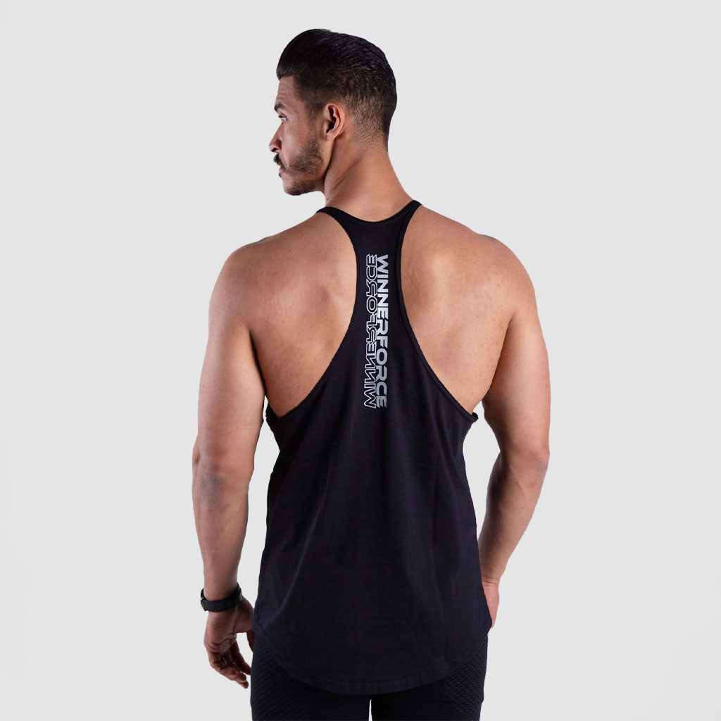 a back view for fit man wearing tank black with logo 