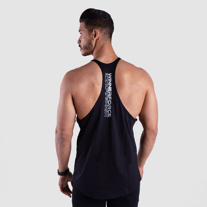 a back view for fit man wearing tank black with logo 