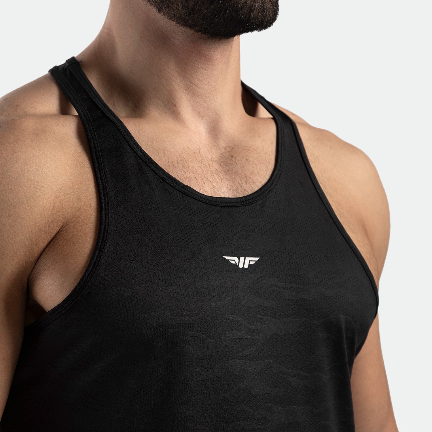 close up view for tank  camo  black with logo in half 