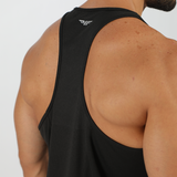 close up view for fit man wearing tank black  with logo 