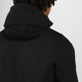 a back view for fit man wearing tech zipped hoodie black 