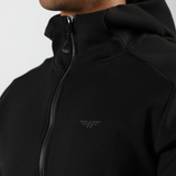 close up view for tech zipped hoodie   black with logo 