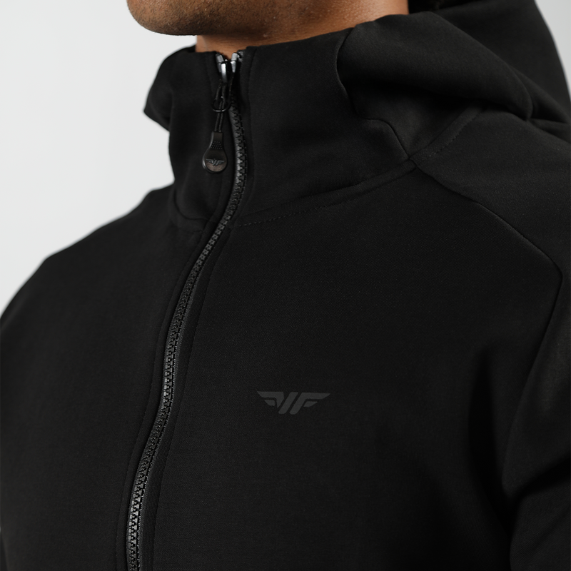 close up view for tech zipped hoodie   black with logo 