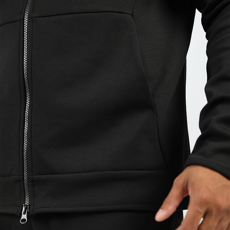 close up view for tech zipped hoodie black with pocket 