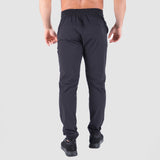 a back view for fit man wearing pants black with shoes black 
