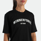 close up view for it woman wearing t-shirt black with logo