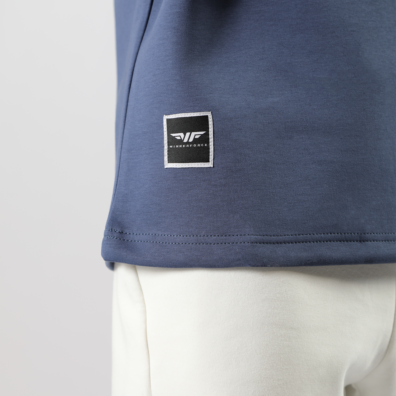 close up view for logo black of t-shirt indigo blue 