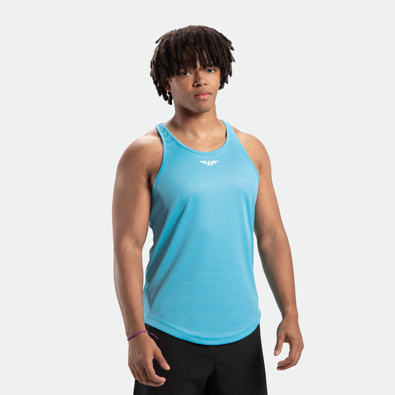 a fit man wearing tank  blue grotto with short black 