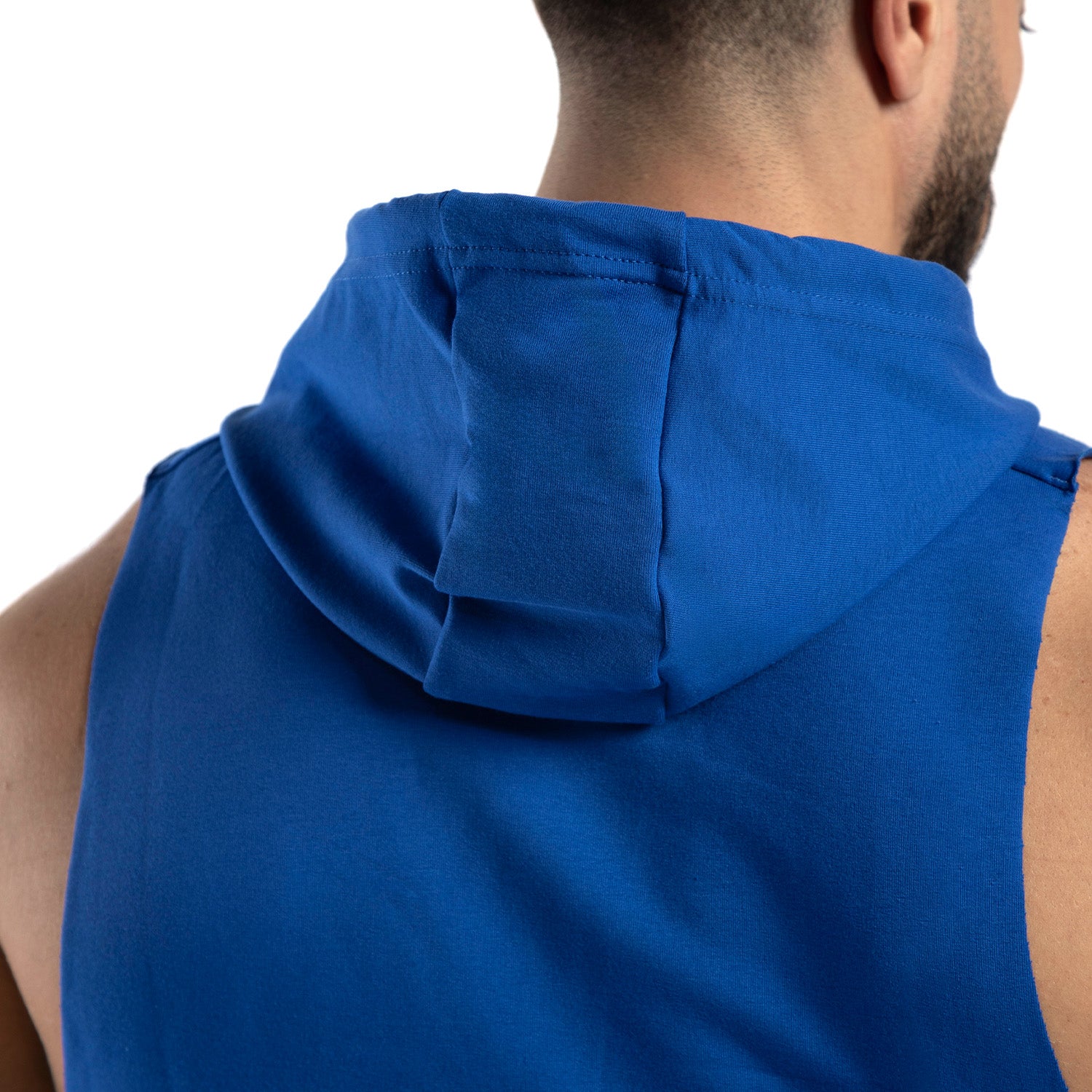 close up view for fit man wearing half hoodie nautical blue 