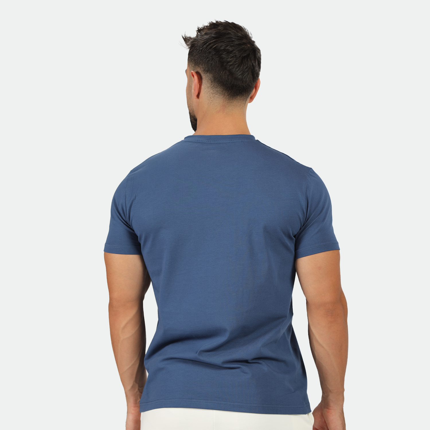 a back view for t-shirt blue opal with short white 