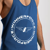 close up view for fit man wearing tank blue 