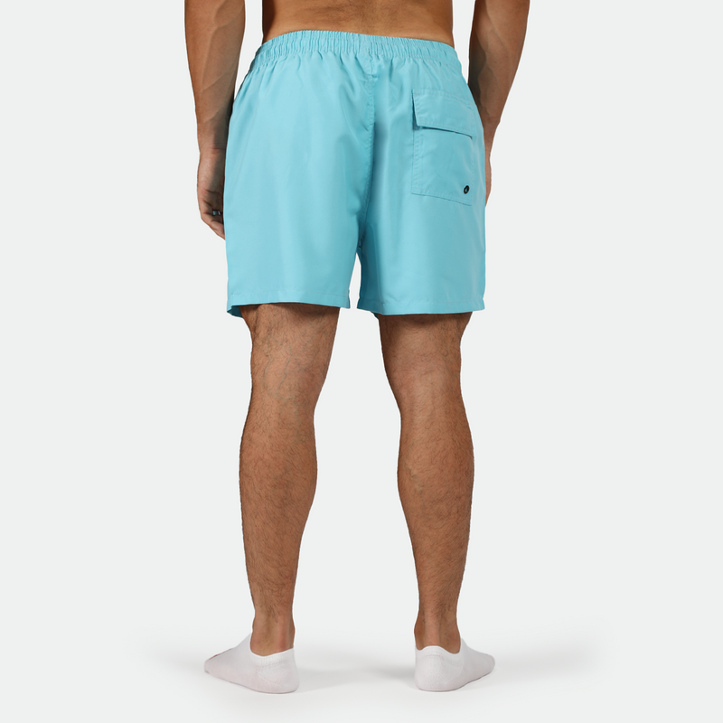a back view for fit man wearing short BLUE-TOPAZ with socks white 