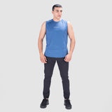 a fit man wearing  t-shirt blue  with pants black ,plus the shoes 