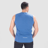 a back view for man wearing t-shirt blue with pants black 
