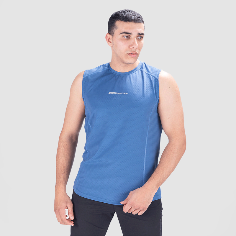 a fit man wearing tank blue with pants black  