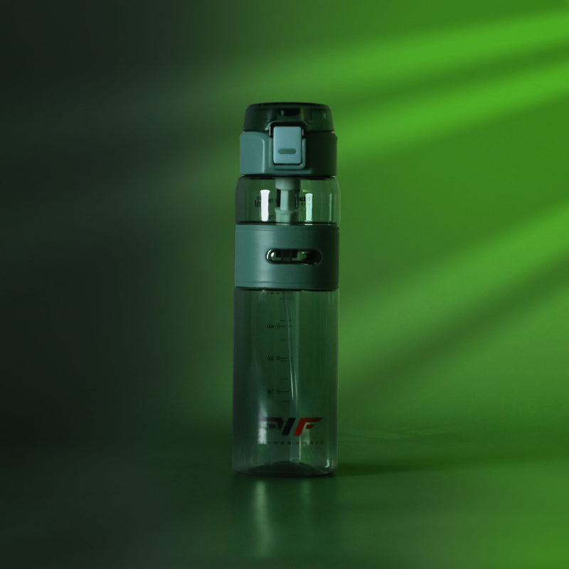 A clear, gray-capped water bottle stands against a vibrant green backdrop. Green light beams create a dynamic, modern, and refreshing ambiance.
