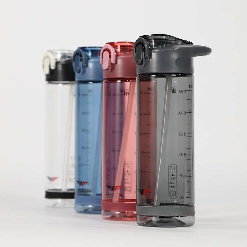Four water bottles in a row, each with a flip-top lid and measurement markings. Colors are clear, blue, pink, and gray on a white background.
