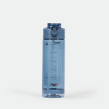Transparent blue plastic water bottle with measure markings, secure flip-top lid, and sports brand logo at the base. The tone is sleek and functional.