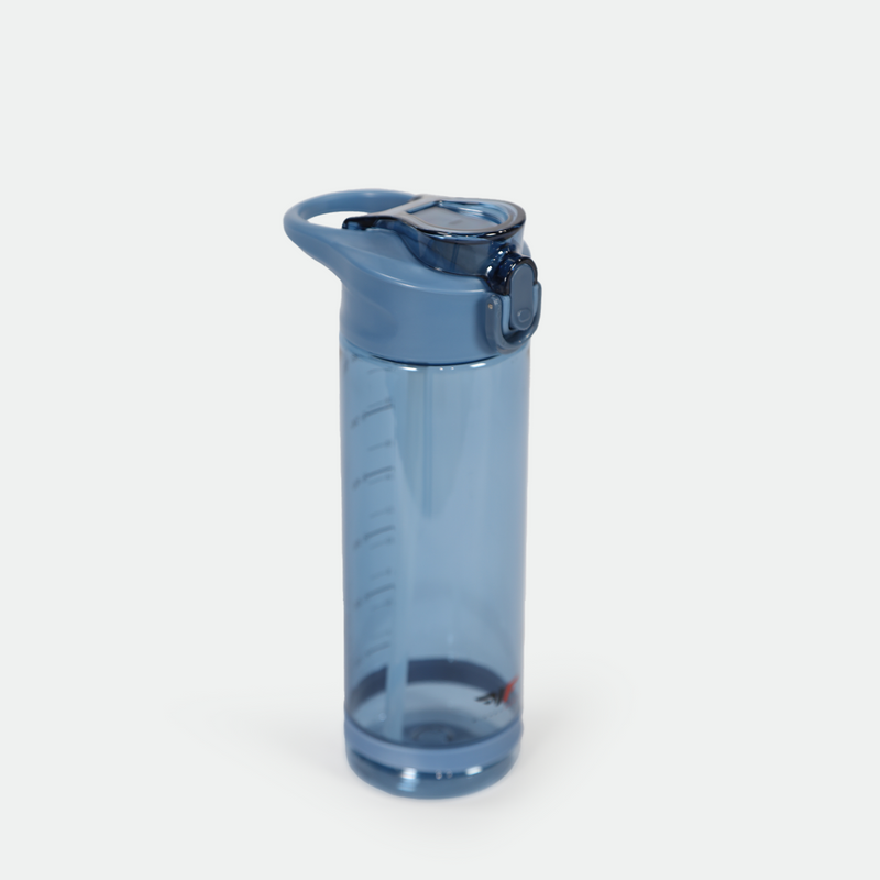 A translucent blue water bottle with a flip-top lid is shown against a plain background.