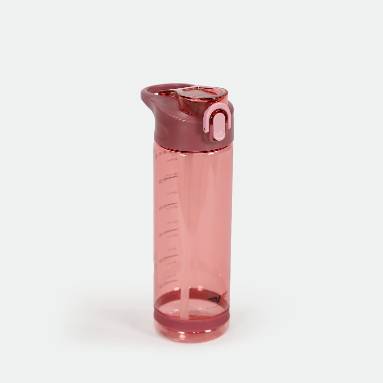 A translucent pink water bottle with a deep red flip-top lid and a straw. The bottle has measurement markings and a sleek, modern design.
