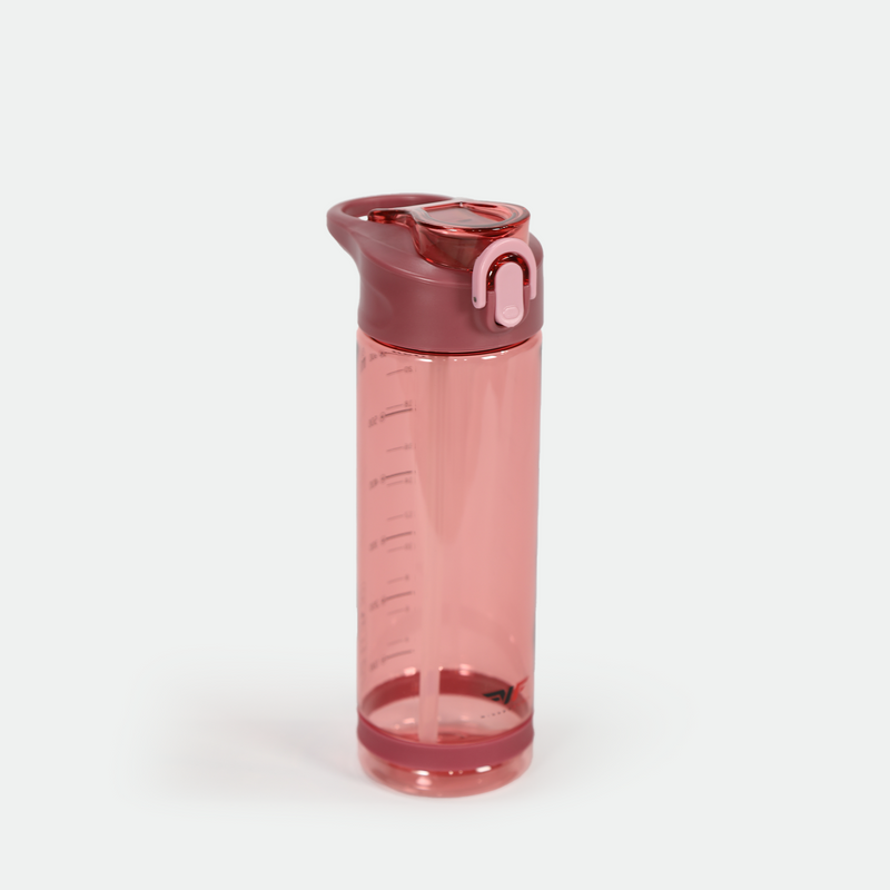 A translucent pink water bottle with a deep red flip-top lid and a straw. The bottle has measurement markings and a sleek, modern design.