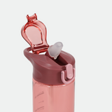 Pink water bottle with a flip-top lid and straw, shown from an angle. The glossy finish and open lid convey functionality and modern design.