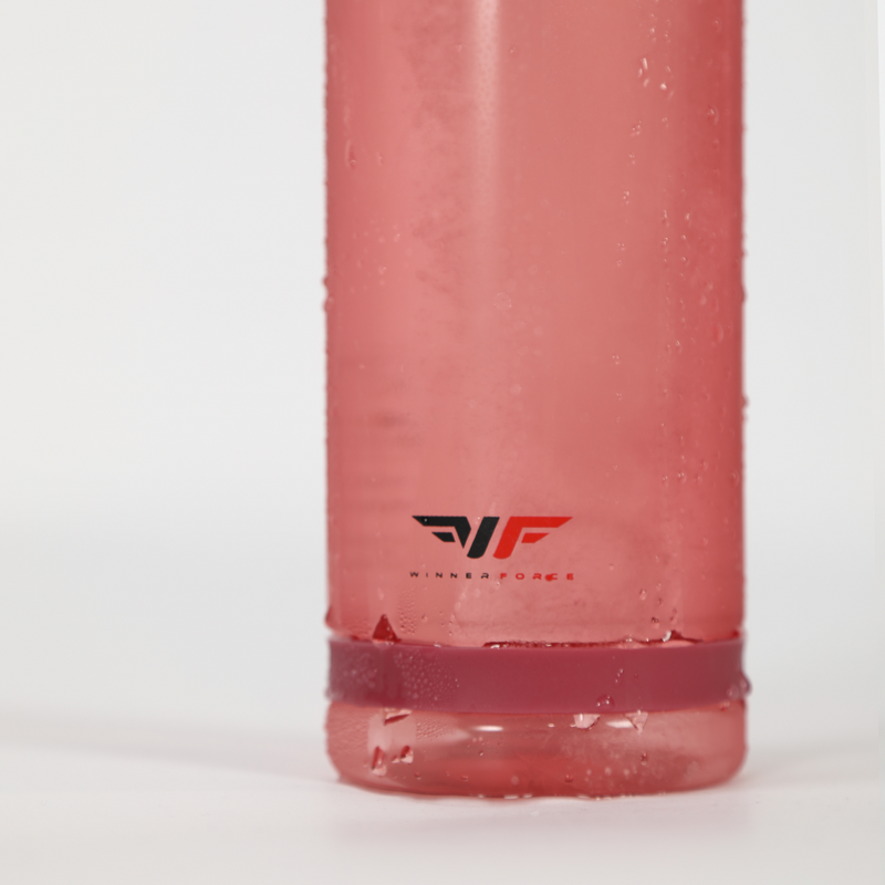 Close-up of a translucent pink water bottle with water droplets, featuring a logo with stylized initials "WF" above "WINNERFORCE." The tone is refreshing.