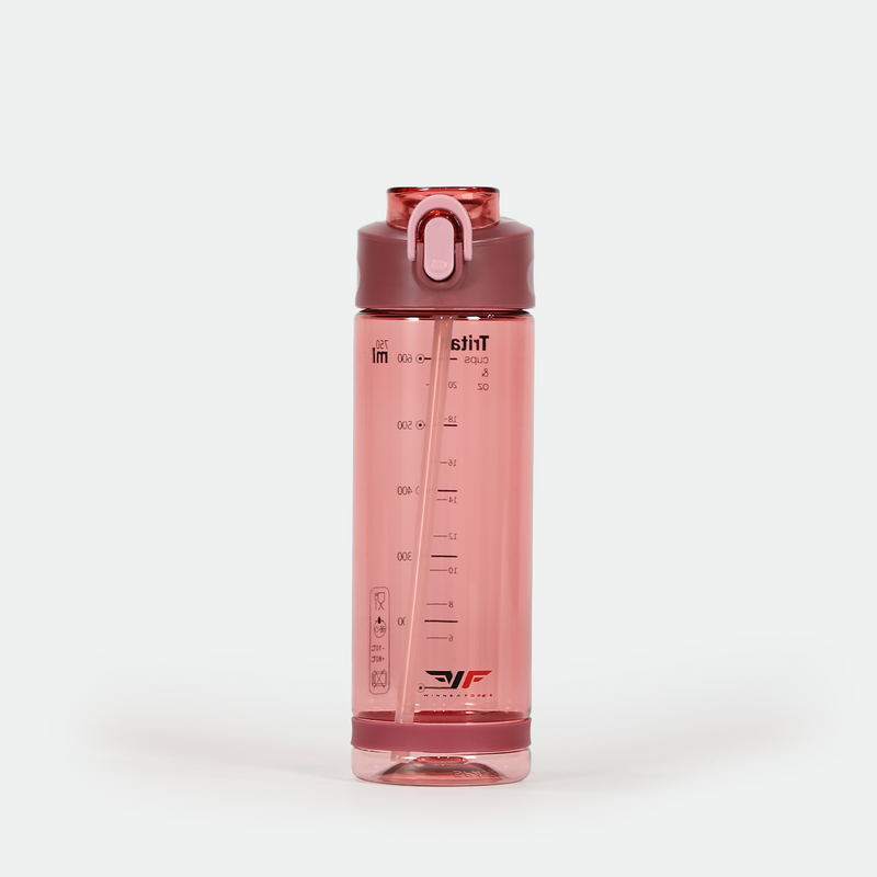 A translucent red water bottle with a pink flip lid and measurement markings on the side, set against a white background. Simple and modern design.