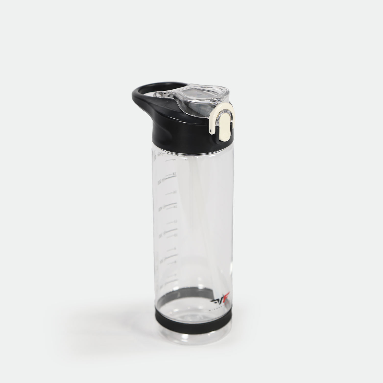 Clear water bottle with a black lid and a white latch, measuring marks on the side, resting upright on a white background. Simple and practical design.
