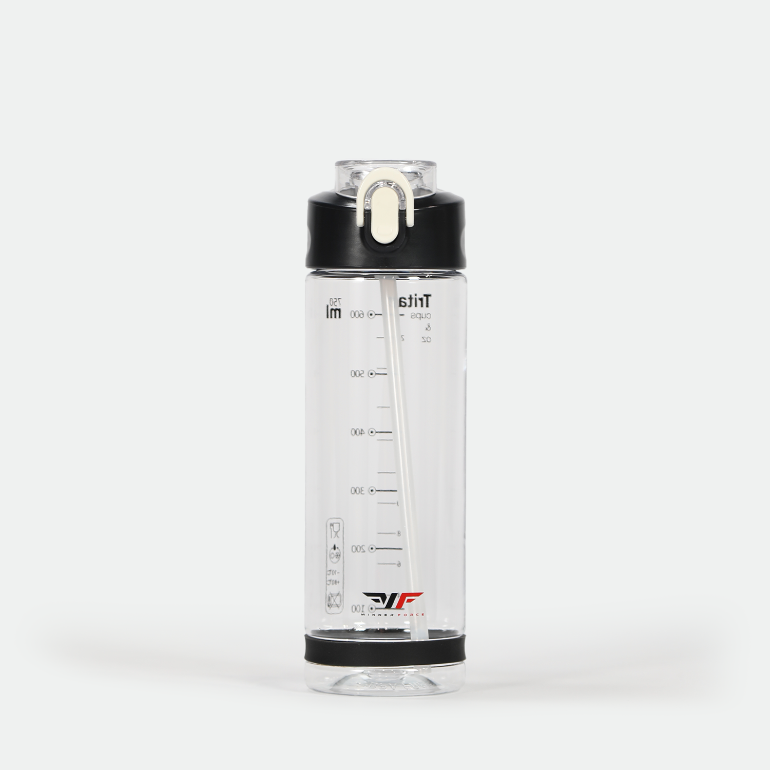 Transparent water bottle with black lid and stopper, showing measurement markings in milliliters and ounces. Clear straw inside. Minimalist design.