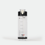 Transparent water bottle with black lid and stopper, showing measurement markings in milliliters and ounces. Clear straw inside. Minimalist design.