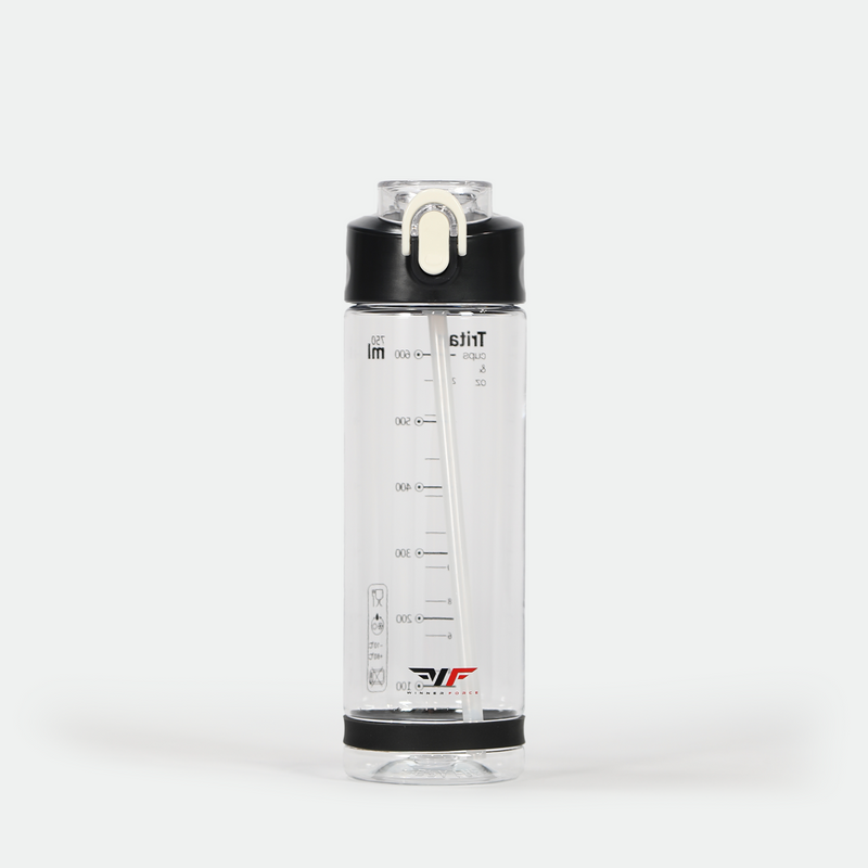 Transparent water bottle with black lid and stopper, showing measurement markings in milliliters and ounces. Clear straw inside. Minimalist design.