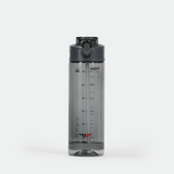 Clear plastic water bottle with gray flip cap and measurement markings in milliliters and ounces. Sleek and modern design on a white background.