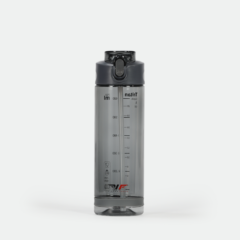 Clear plastic water bottle with gray flip cap and measurement markings in milliliters and ounces. Sleek and modern design on a white background.