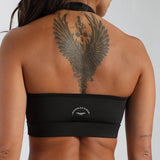 close up view for back  view of woman wearing bra black with logo 