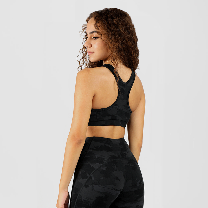 a back view for girl wearing matching camo  bar sport  and legging 