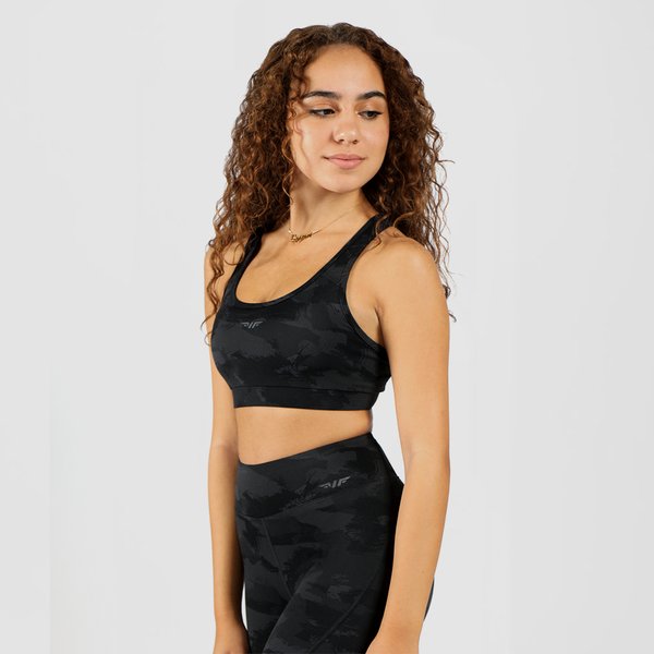 she model is wearing a black camouflage sports bra and leggings, with a light grey background