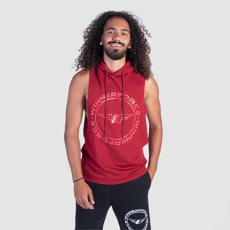 a fit man wearing half hoodie 
 burgundy red with logo and pants black with logo 