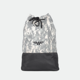 A drawstring bag with a gray digital camouflage pattern on the upper section and solid black fabric on the lower section, featuring a black logo on the front.