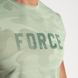close up view for fit  man wearing camo t-shirt green by with logo 