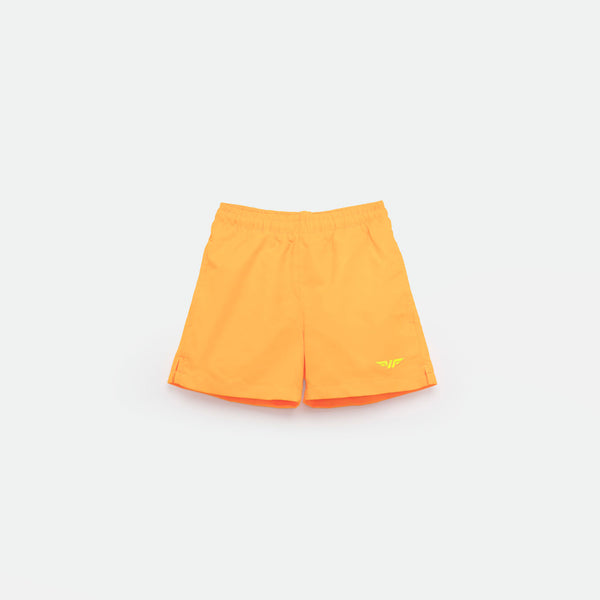 Bright yellow  athletic shorts laid flat on a light background. The shorts have a small white logo on the lower left side and feature a simple, sporty design