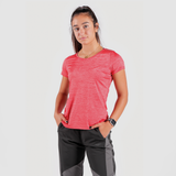 a fit woman wearing candy red with pants mix 2 color black and grey 