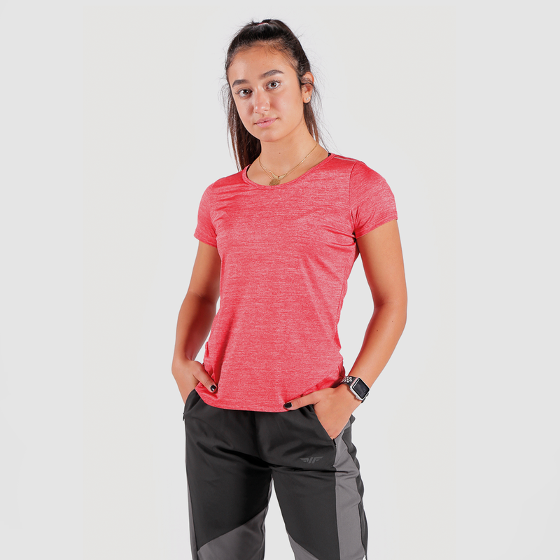 a fit woman wearing candy red with pants mix 2 color black and grey 