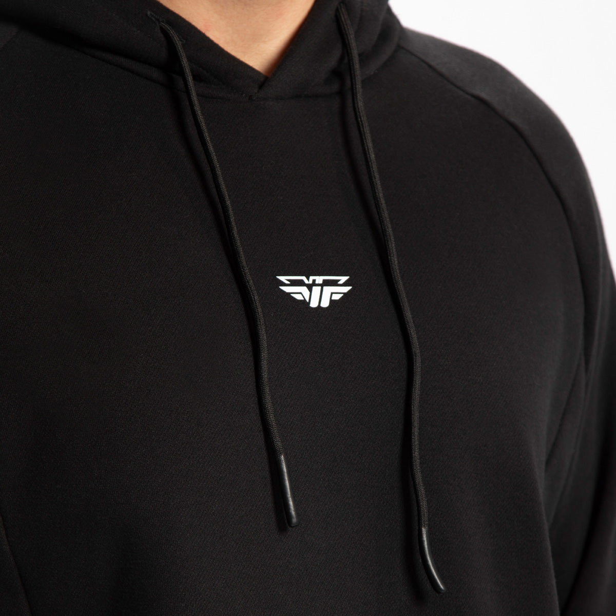 close up view for hoodie black with logo and lace 