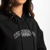 close up view for fit woman wearing hoodie black with logo 