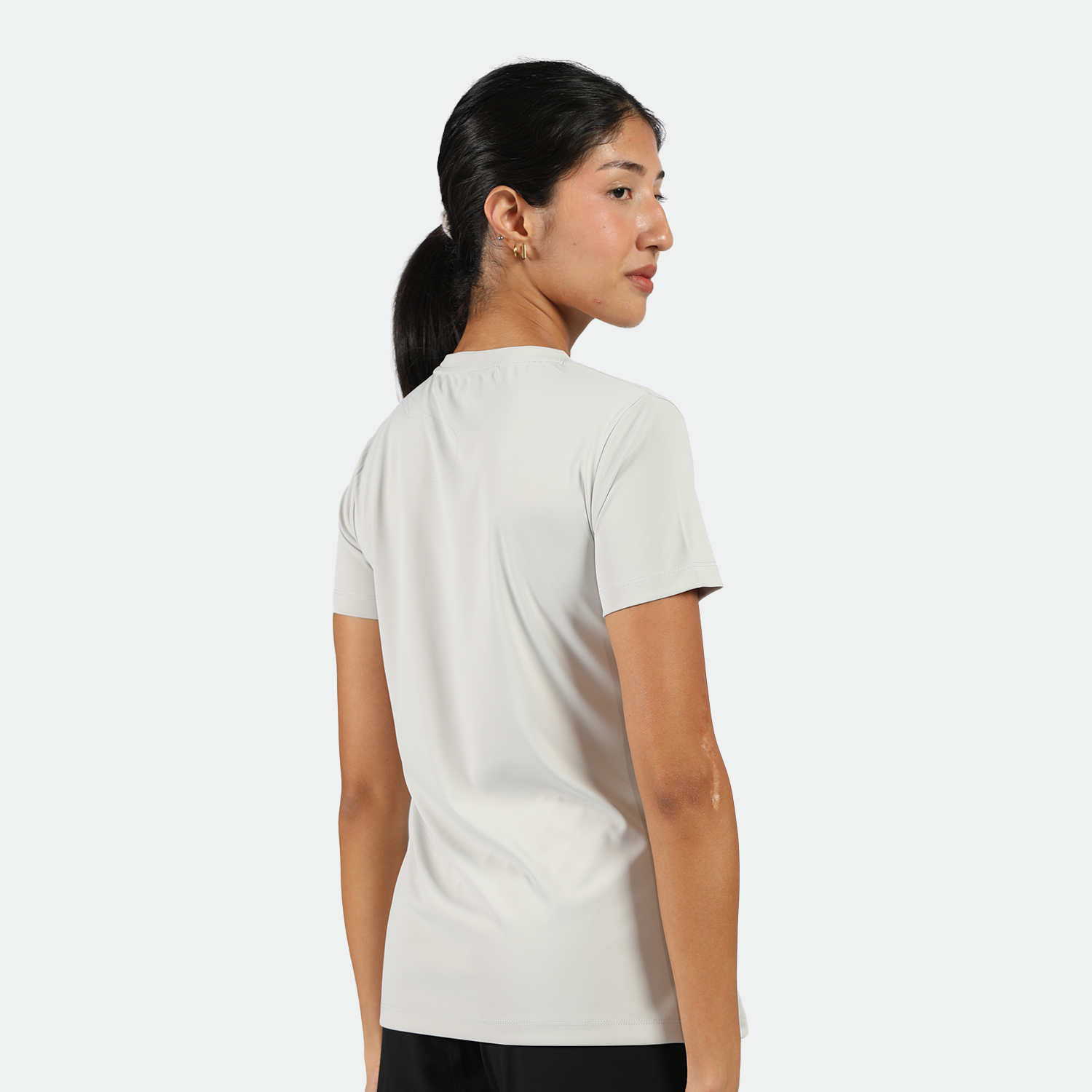 a back view for fit woman wearing t-shirt nimbus cloud with short black 