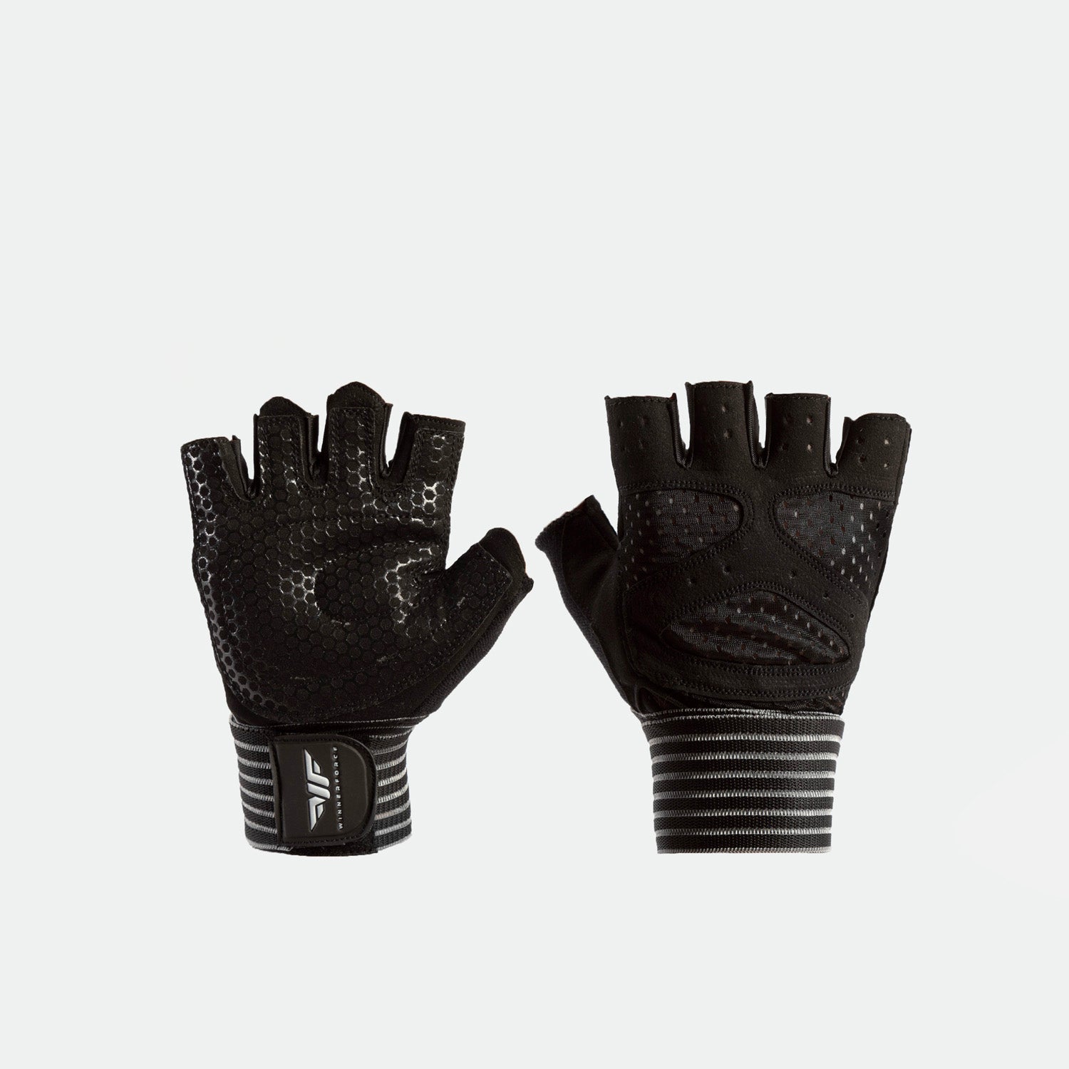 Fingerless black cycling gloves with hexagonal grip patterns and padded palms. The wrist area features a striped design for a sporty look.