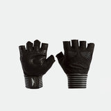 Fingerless black cycling gloves with hexagonal grip patterns and padded palms. The wrist area features a striped design for a sporty look.