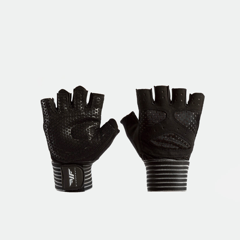 Fingerless black cycling gloves with hexagonal grip patterns and padded palms. The wrist area features a striped design for a sporty look.