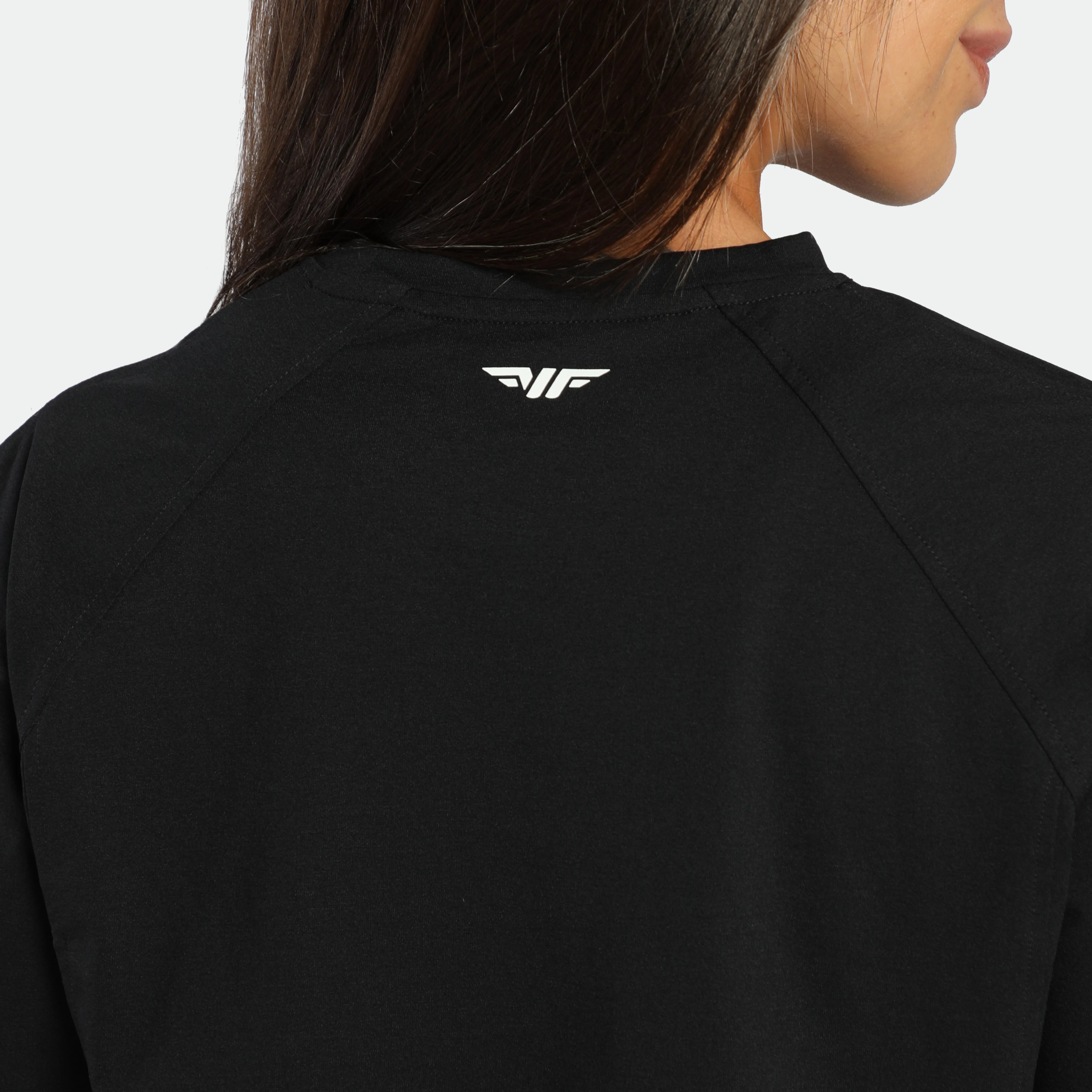 Black jacket with a logo on the back against a light gray background